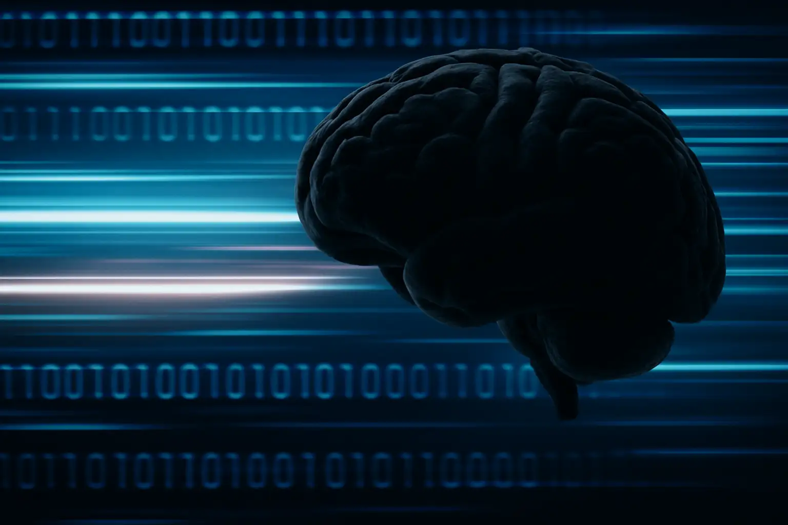 Realistic photo of a human brain silhouette contrasted against fast-moving streams of binary code and neon light trails, symbolizing rapid technology vs. stagnant consciousness. Editorial style, minimal color palette, sharp focus.