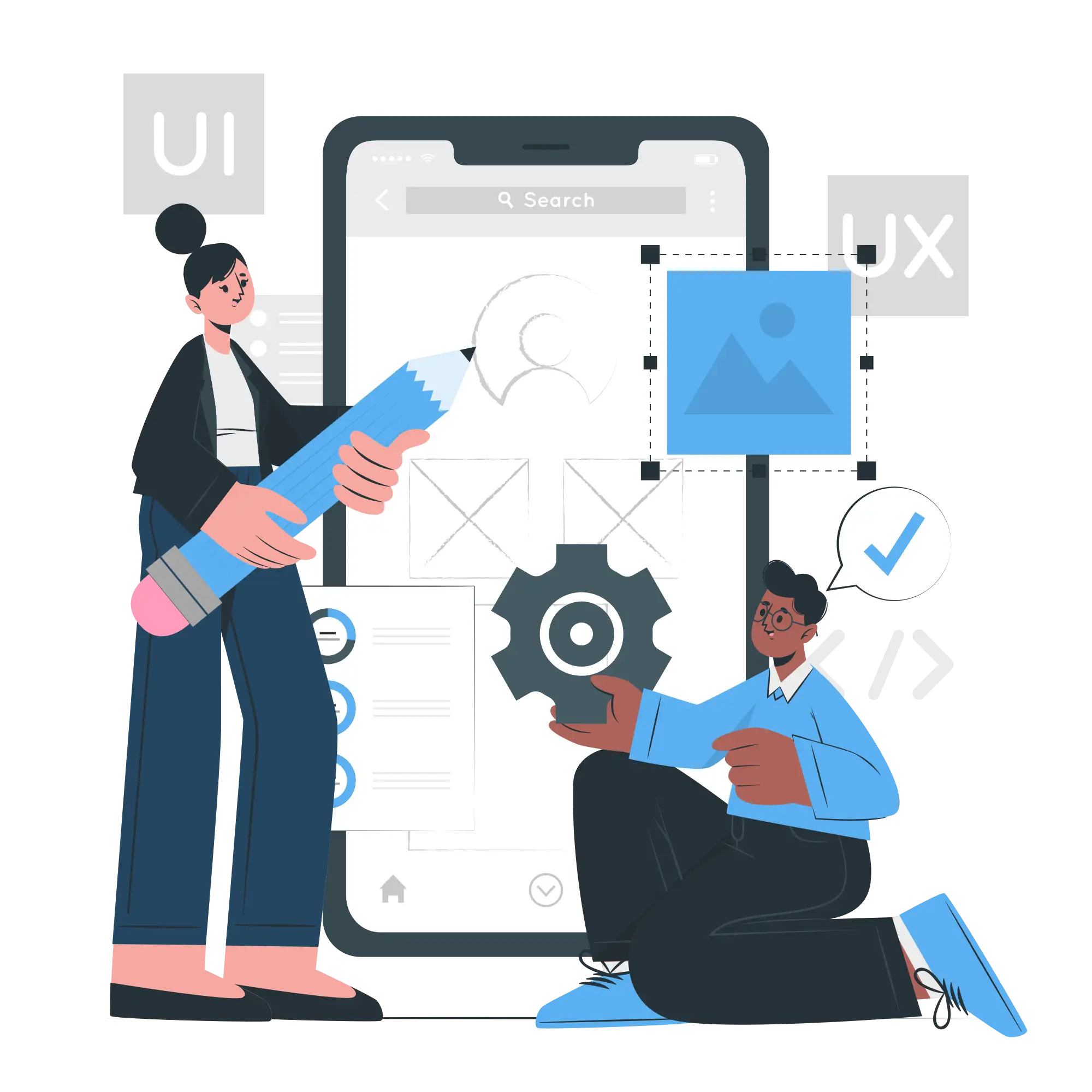 The image shows a person working on a mobile UI/UX design, depicted as a large smartphone screen in the center. The person is interacting with the interface by holding a piece of the design while carrying some documents or prototypes. In the background, there are additional interface windows, suggesting multiple layers of design or different stages of the development process. The design on the screen includes placeholders for images and text, resembling a prototype of a social media or content-based application. The color scheme uses shades of blue, giving a clean and modern aesthetic, emphasizing a focus on technology and design.