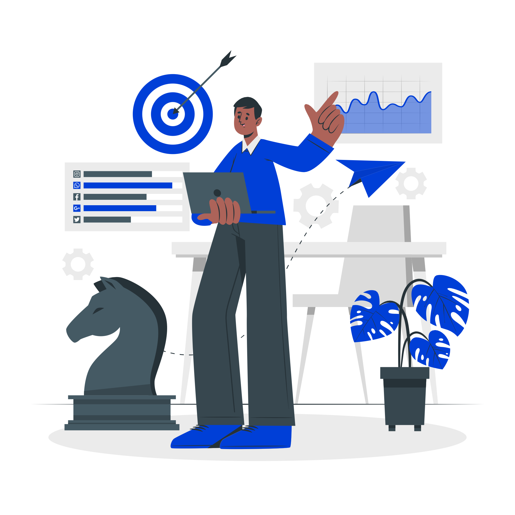 The image shows three people collaborating on a UI/UX project (user interface and user experience design). One person is holding a giant pencil while giving a thumbs up, suggesting approval or enthusiasm for the project. Another person on the left is painting or touching up visual elements with a large brush, while the third person on the right is holding a tablet or portable device, possibly reviewing a design or prototype. The setting has a modern feel, with decorative plants and a computer screen in the background, indicating a digital workspace. The color palette includes shades of blue, giving a sense of creativity and technology.